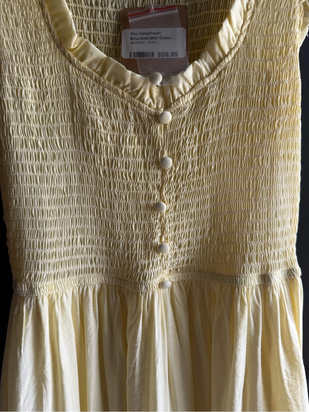 NWT butter-yellow smocked midi dress featuring a sweetheart neckline Size Small - Picture 9 of 14